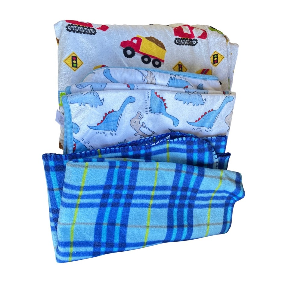 Kids Fleece Blanket Bundle 3pc Construction Truck Dinosaur Blue Plaid Soft Cozy